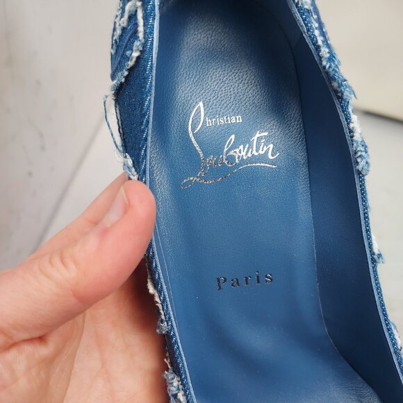 Christian Louboutin Blue Kate Toile Denim Brode Heel Shoe - Picture 8 of 11